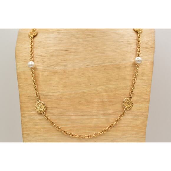 Givenchy Vintage Logo Coin Chain Necklace Station Pearl Gold Signed 1980s BinBJ